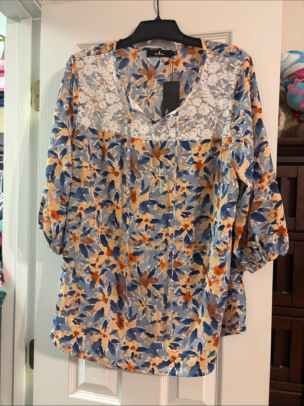 Agnes Orinda Lace Floral Blouse in Blue and Orange